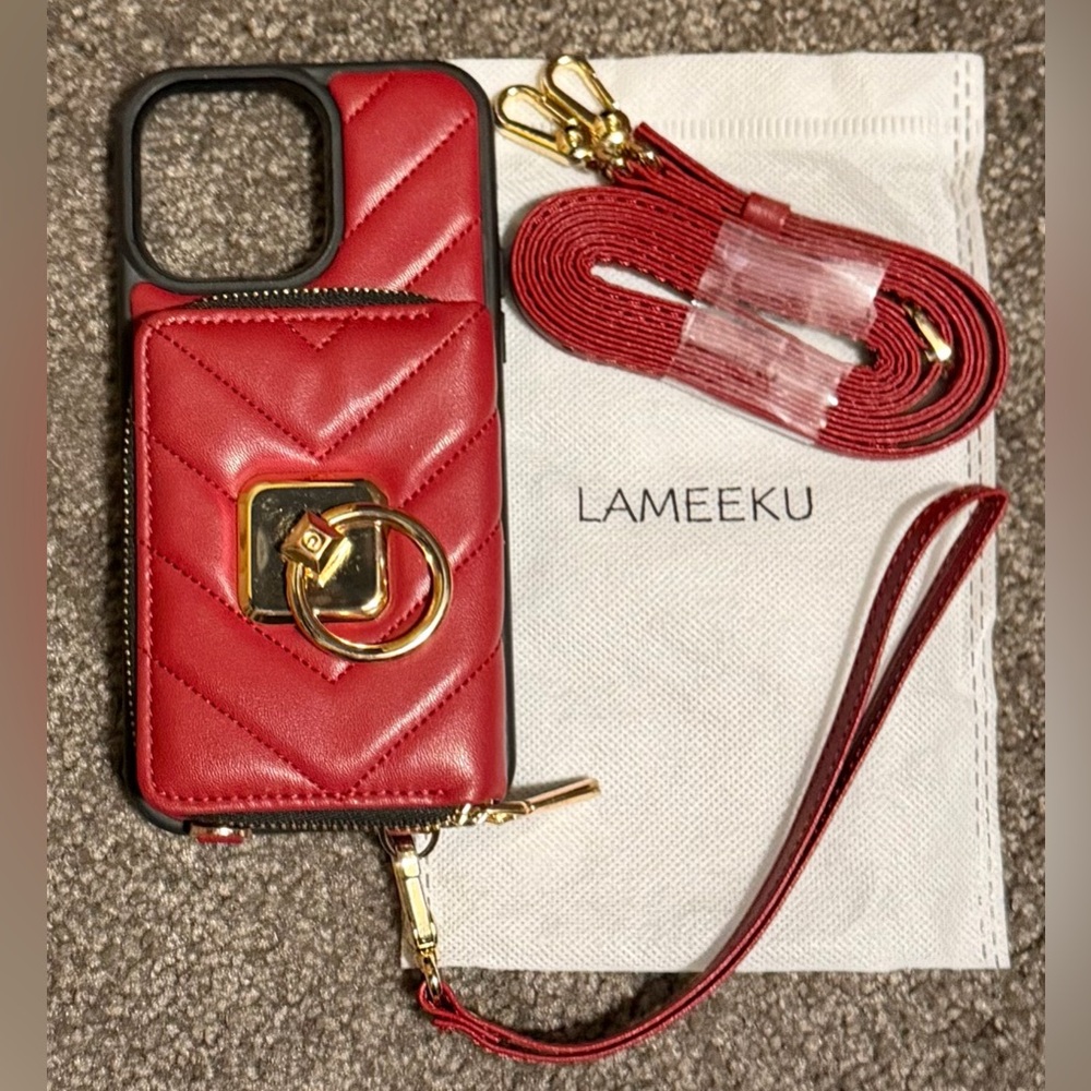Burgundy Quilted Cardholder Phone Case w/ Strap-iPhone 14 Pro Max 6.7"
